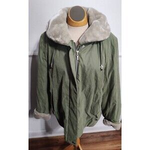 DONATELLA SPORT Womens XL Jacket Faux Fur Trim Lined Coat Avacado Green Outdoor
